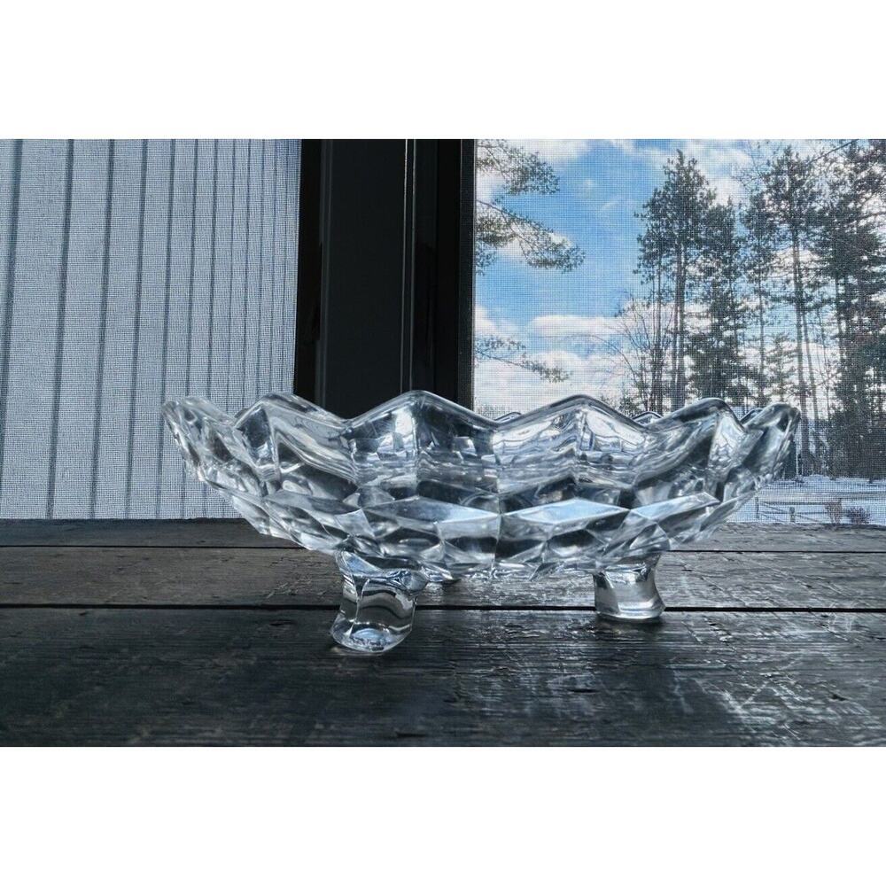 Fostoria American Clear Footed Bon Bon Dish 6 3/4" Cube Motif Scalloped Bowl